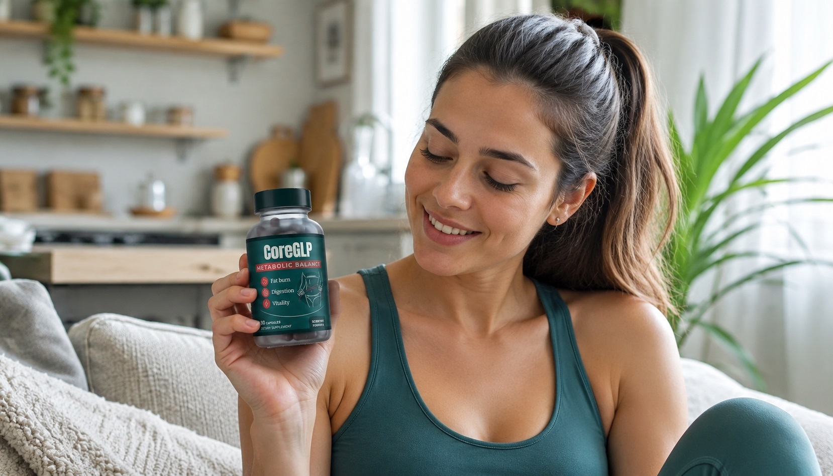 Femme tenant un flacon CoreGLP Metabolic Balance